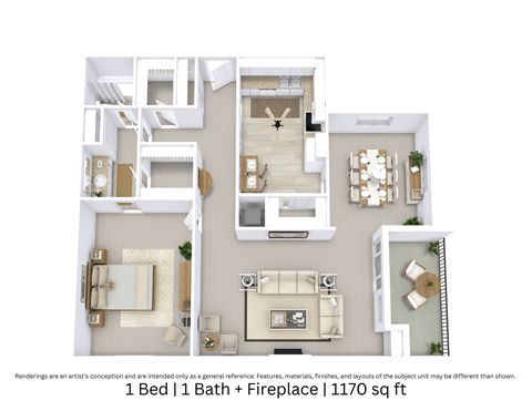 Floor plan for 1 bed, 1 bath, 1170 sqft